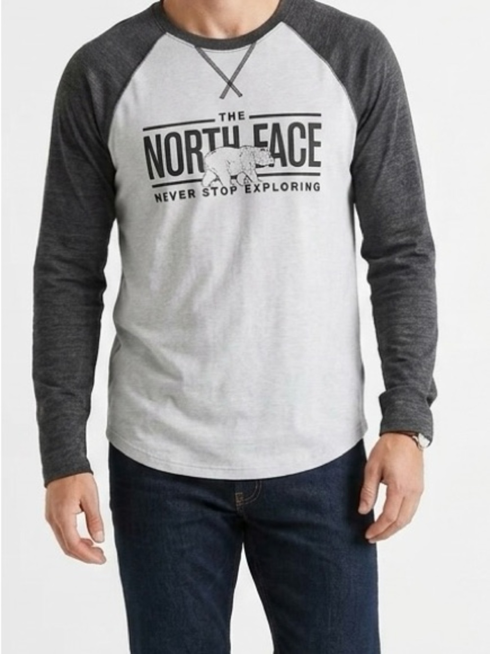The North Face Grey Raglan Long Sleeve Bear Graphic Tee Mens Medium Sporty-Prep